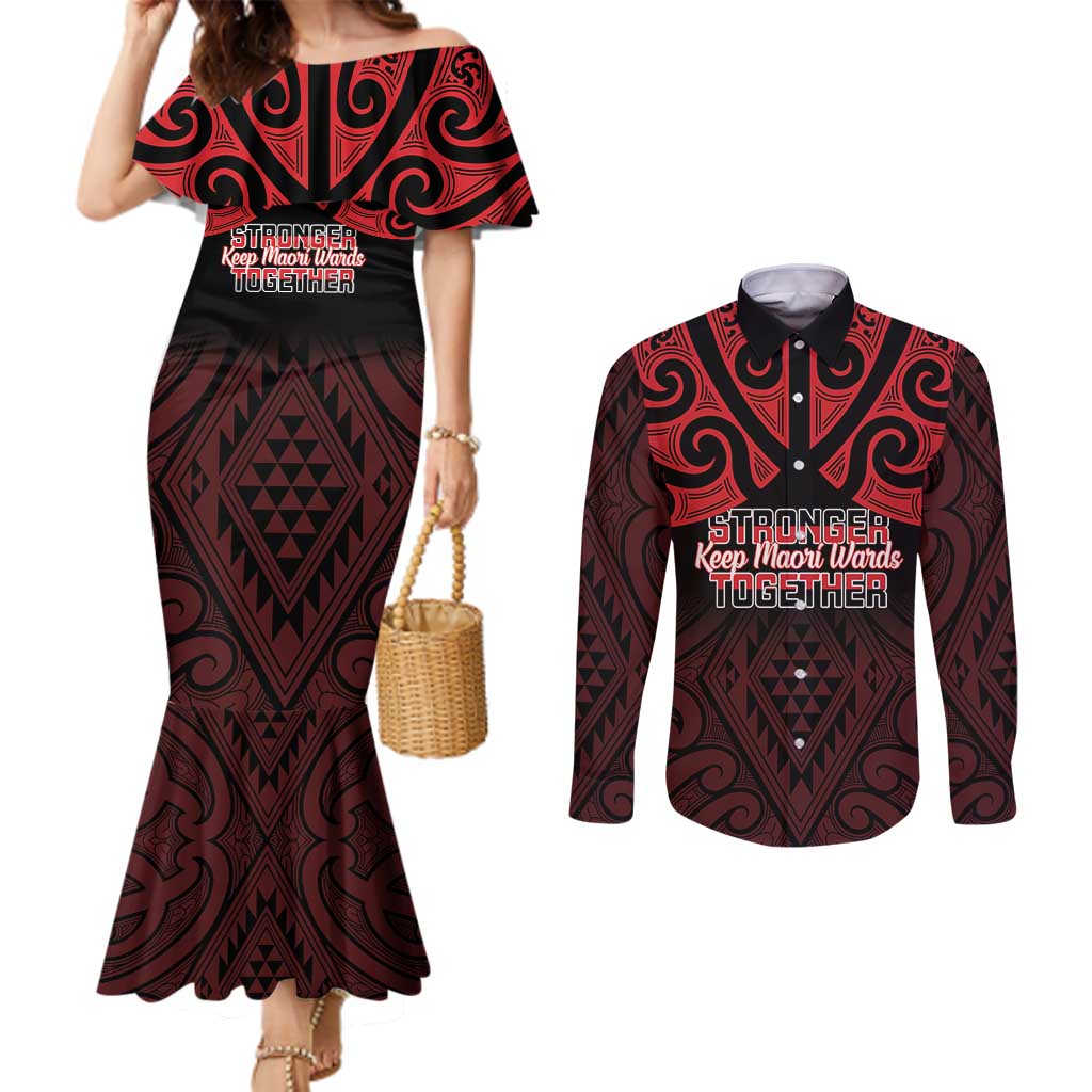 Personalised Keep Maori Wards New Zealand Couples Matching Mermaid Dress and Long Sleeve Button Shirt Stronger Together Aotearoa Taniko - Polynesian Pride