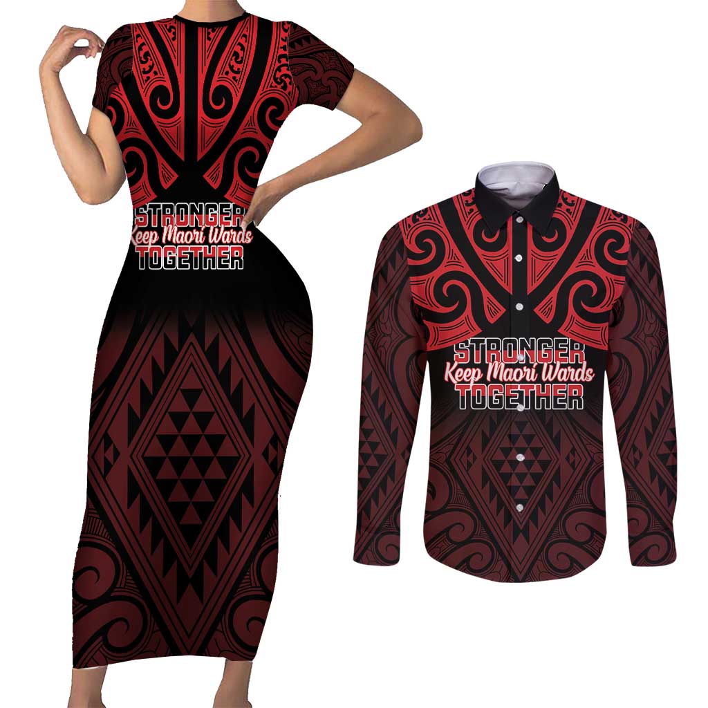 Personalised Keep Maori Wards New Zealand Couples Matching Short Sleeve Bodycon Dress and Long Sleeve Button Shirt Stronger Together Aotearoa Taniko - Polynesian Pride