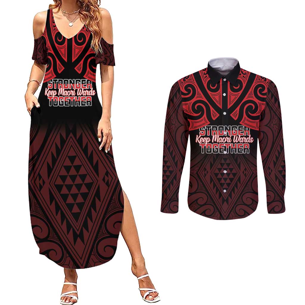 Personalised Keep Maori Wards New Zealand Couples Matching Summer Maxi Dress and Long Sleeve Button Shirt Stronger Together Aotearoa Taniko - Polynesian Pride