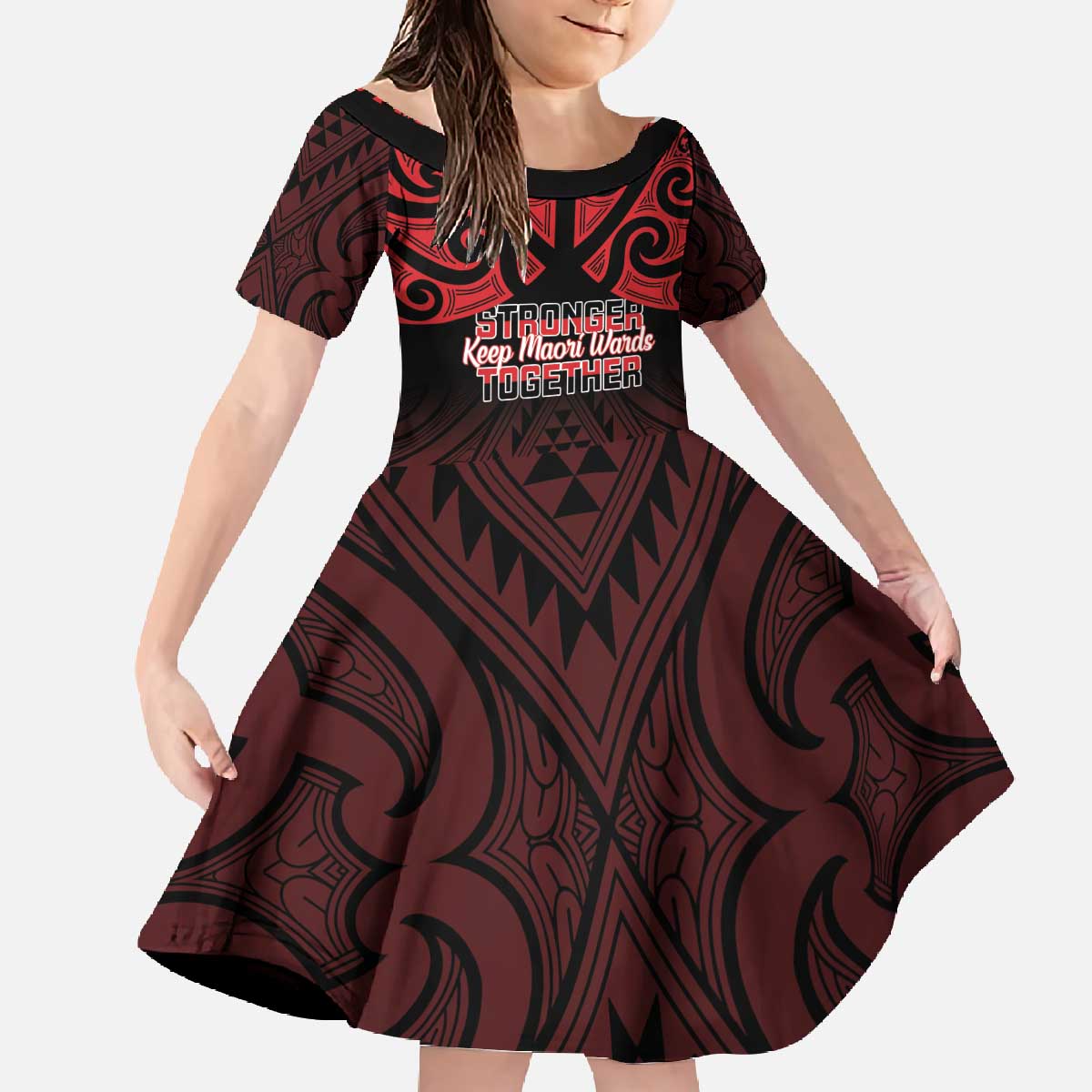 Personalised Keep Maori Wards New Zealand Family Matching Off The Shoulder Long Sleeve Dress and Hawaiian Shirt Stronger Together Aotearoa Taniko LT14 Daughter's Dress Black - Polynesian Pride