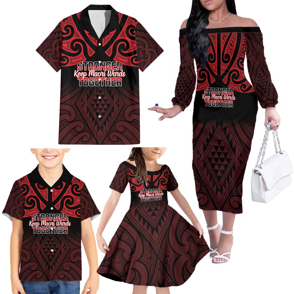 Personalised Keep Maori Wards New Zealand Family Matching Off The Shoulder Long Sleeve Dress and Hawaiian Shirt Stronger Together Aotearoa Taniko LT14 - Polynesian Pride