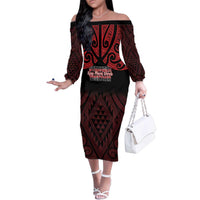 Personalised Keep Maori Wards New Zealand Family Matching Off The Shoulder Long Sleeve Dress and Hawaiian Shirt Stronger Together Aotearoa Taniko LT14 Mom's Dress Black - Polynesian Pride
