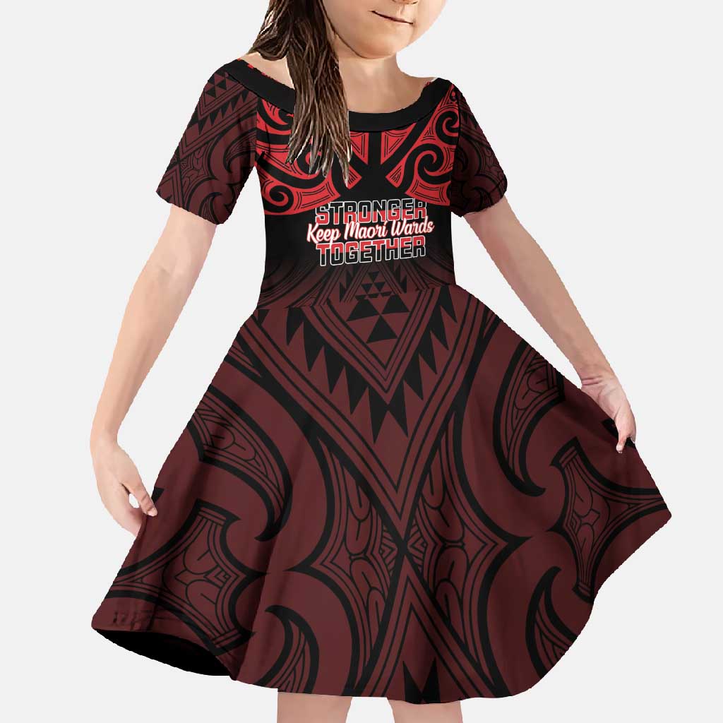 Personalised Keep Maori Wards New Zealand Family Matching Short Sleeve Bodycon Dress and Hawaiian Shirt Stronger Together Aotearoa Taniko LT14 Daughter's Dress Black - Polynesian Pride