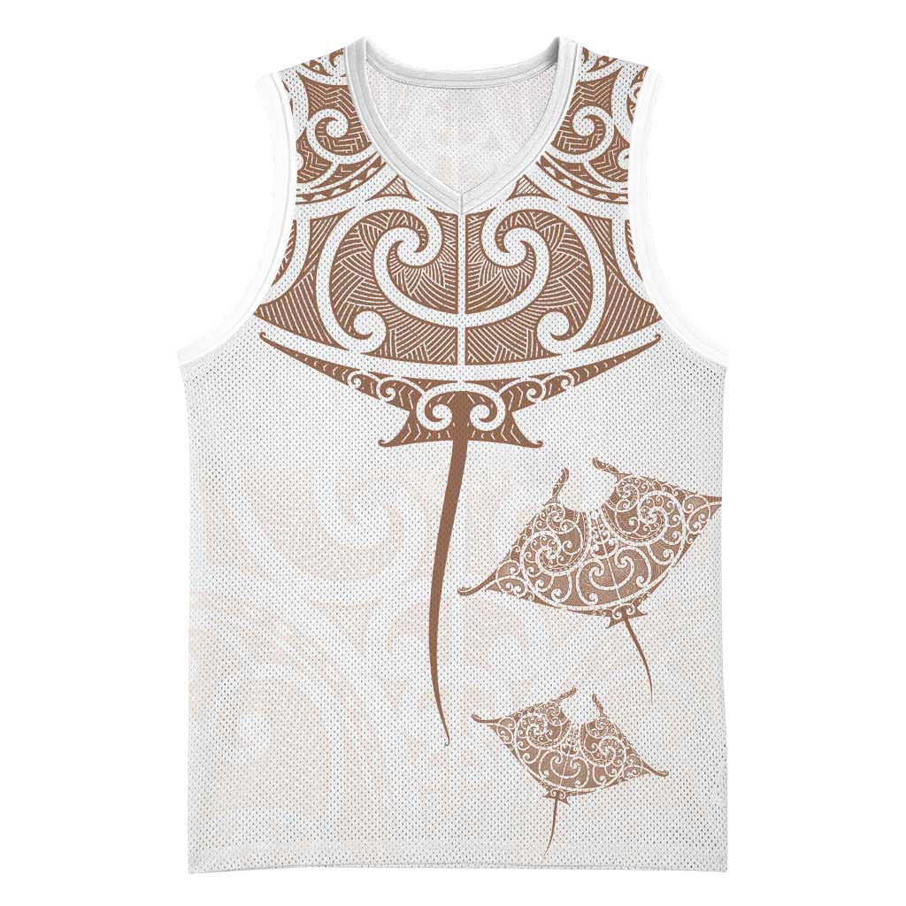 New Zealand Manta Ray Tattoo Basketball Jersey Aotearoa Maori Haehae Beige - Polynesian Pride