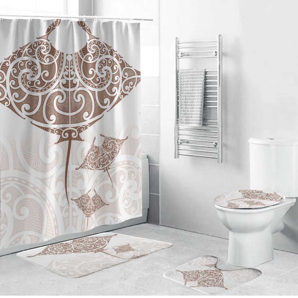 New Zealand Manta Ray Tattoo Bathroom Set Aotearoa Maori Haehae Beige LT14 Bathroom Set (4 pcs) White - Polynesian Pride