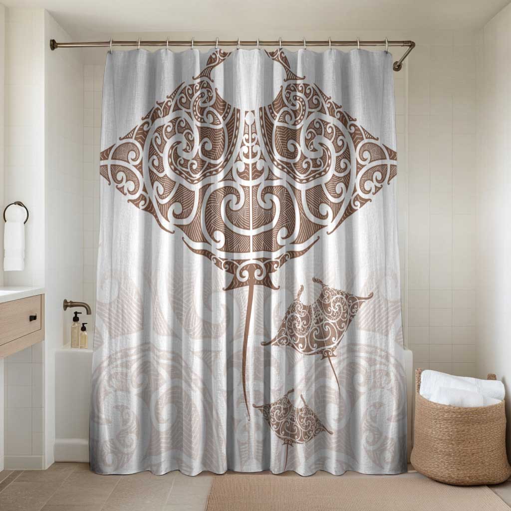 New Zealand Manta Ray Tattoo Bathroom Set Aotearoa Maori Haehae Beige LT14 Shower Curtain Only White - Polynesian Pride