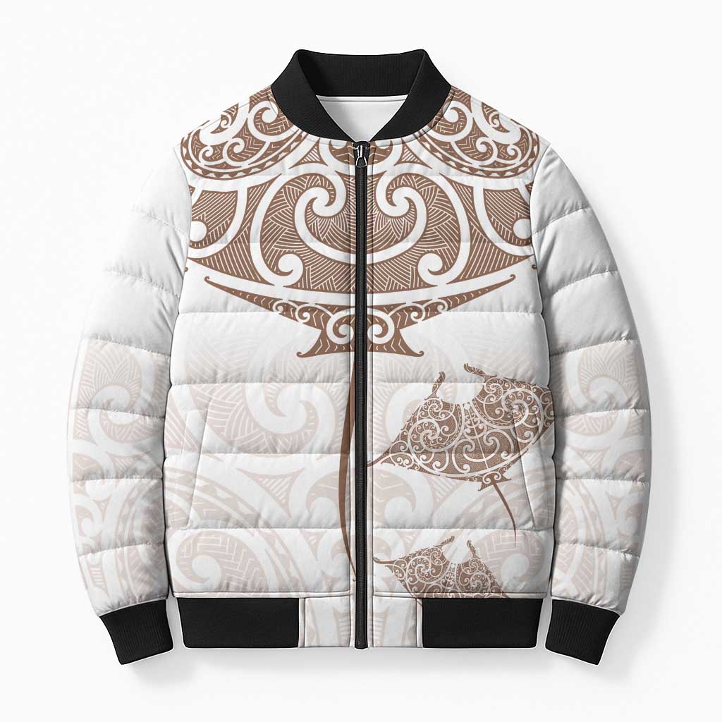 New Zealand Manta Ray Tattoo Bomber Puffer Jacket Aotearoa Maori Haehae Beige - Polynesian Pride