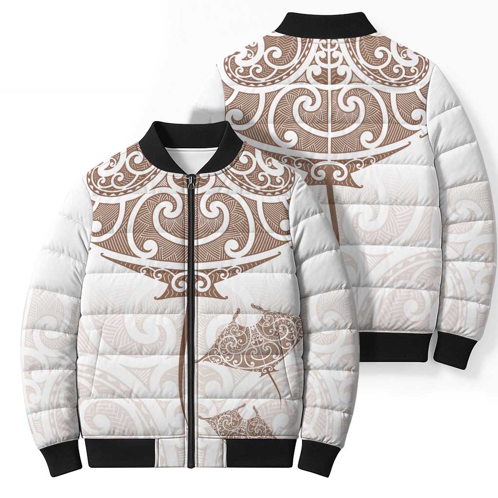 New Zealand Manta Ray Tattoo Bomber Puffer Jacket Aotearoa Maori Haehae Beige - Polynesian Pride