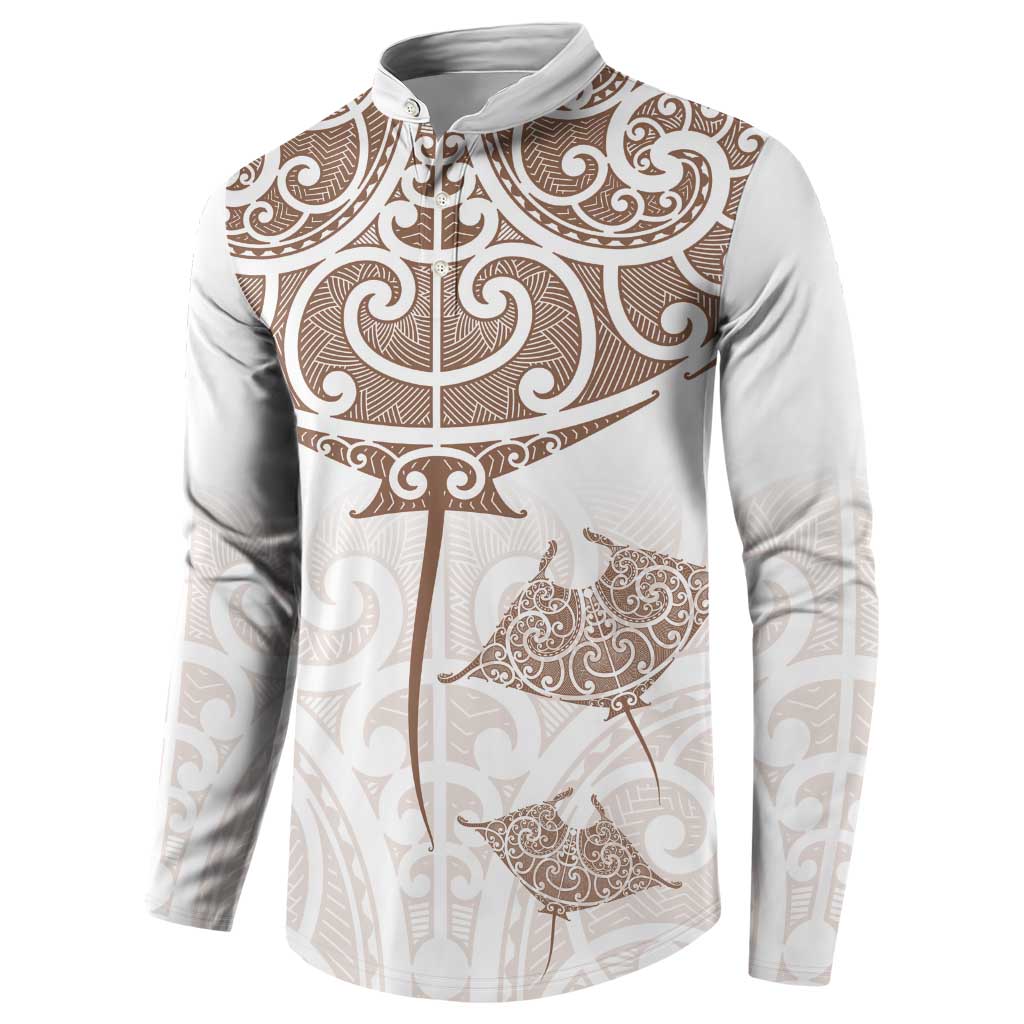 New Zealand Manta Ray Tattoo Button Sweatshirt Aotearoa Maori Haehae Beige - Polynesian Pride