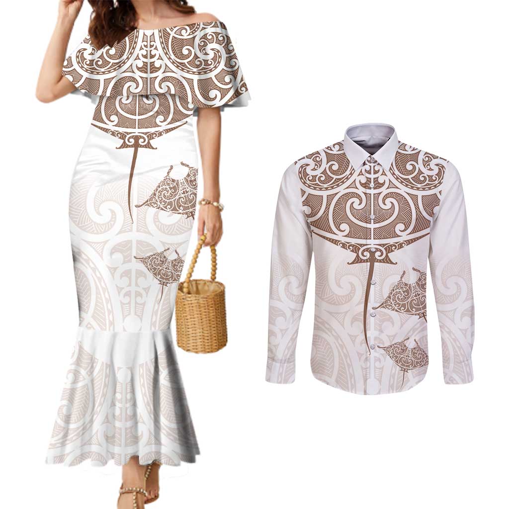 New Zealand Manta Ray Tattoo Couples Matching Mermaid Dress and Long Sleeve Button Shirt Aotearoa Maori Haehae Beige - Polynesian Pride