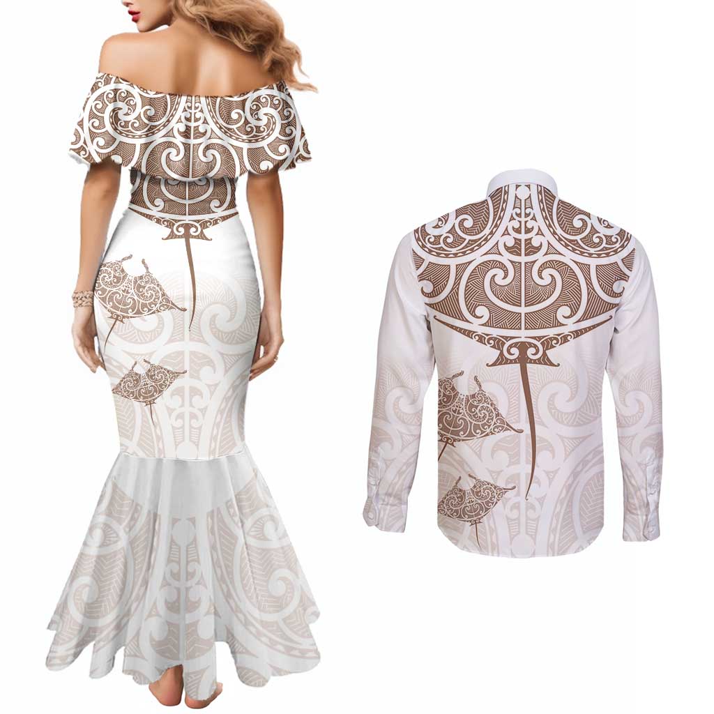 New Zealand Manta Ray Tattoo Couples Matching Mermaid Dress and Long Sleeve Button Shirt Aotearoa Maori Haehae Beige - Polynesian Pride