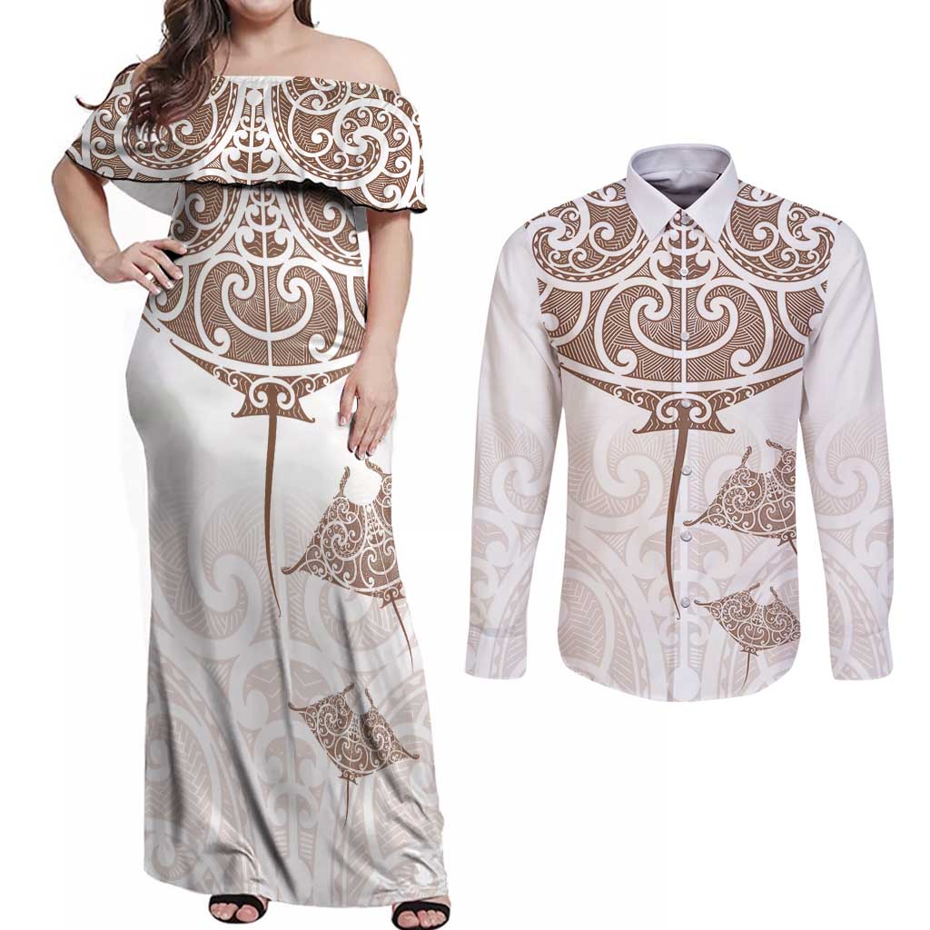 New Zealand Manta Ray Tattoo Couples Matching Off Shoulder Maxi Dress and Long Sleeve Button Shirt Aotearoa Maori Haehae Beige - Polynesian Pride