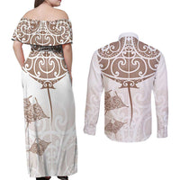 New Zealand Manta Ray Tattoo Couples Matching Off Shoulder Maxi Dress and Long Sleeve Button Shirt Aotearoa Maori Haehae Beige - Polynesian Pride