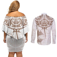 New Zealand Manta Ray Tattoo Couples Matching Off Shoulder Short Dress and Long Sleeve Button Shirt Aotearoa Maori Haehae Beige - Polynesian Pride