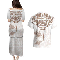 New Zealand Manta Ray Tattoo Couples Matching Puletasi and Hawaiian Shirt Aotearoa Maori Haehae Beige - Polynesian Pride