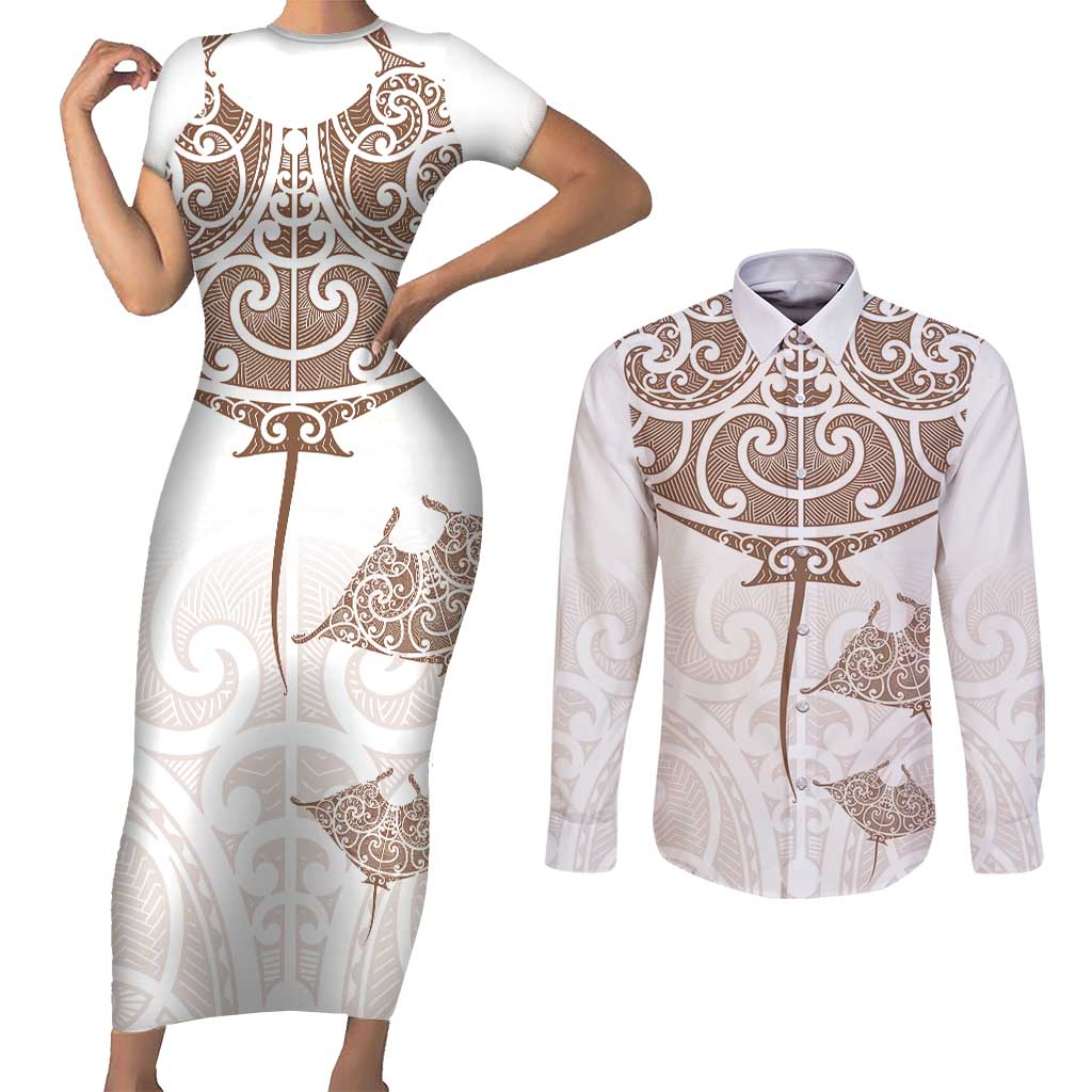 New Zealand Manta Ray Tattoo Couples Matching Short Sleeve Bodycon Dress and Long Sleeve Button Shirt Aotearoa Maori Haehae Beige LT14 White - Polynesian Pride