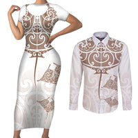 New Zealand Manta Ray Tattoo Couples Matching Short Sleeve Bodycon Dress and Long Sleeve Button Shirt Aotearoa Maori Haehae Beige LT14 White - Polynesian Pride