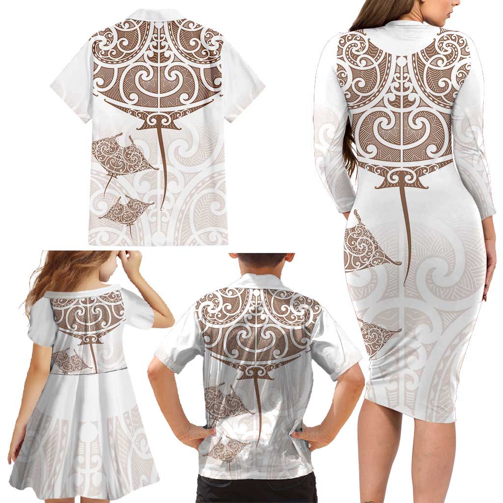 New Zealand Manta Ray Tattoo Family Matching Long Sleeve Bodycon Dress and Hawaiian Shirt Aotearoa Maori Haehae Beige LT14 - Polynesian Pride