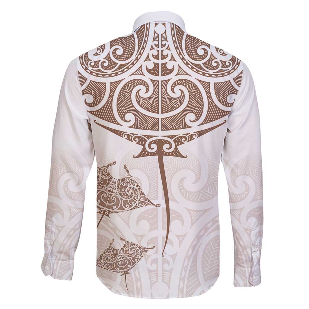 New Zealand Manta Ray Tattoo Family Matching Long Sleeve Bodycon Dress and Hawaiian Shirt Aotearoa Maori Haehae Beige LT14 - Polynesian Pride