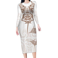 New Zealand Manta Ray Tattoo Family Matching Long Sleeve Bodycon Dress and Hawaiian Shirt Aotearoa Maori Haehae Beige LT14 Mom's Dress White - Polynesian Pride