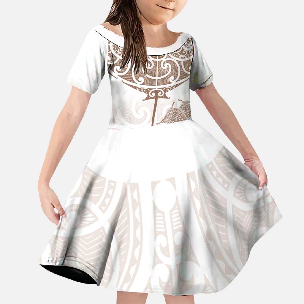 New Zealand Manta Ray Tattoo Family Matching Mermaid Dress and Hawaiian Shirt Aotearoa Maori Haehae Beige LT14 Daughter's Dress White - Polynesian Pride