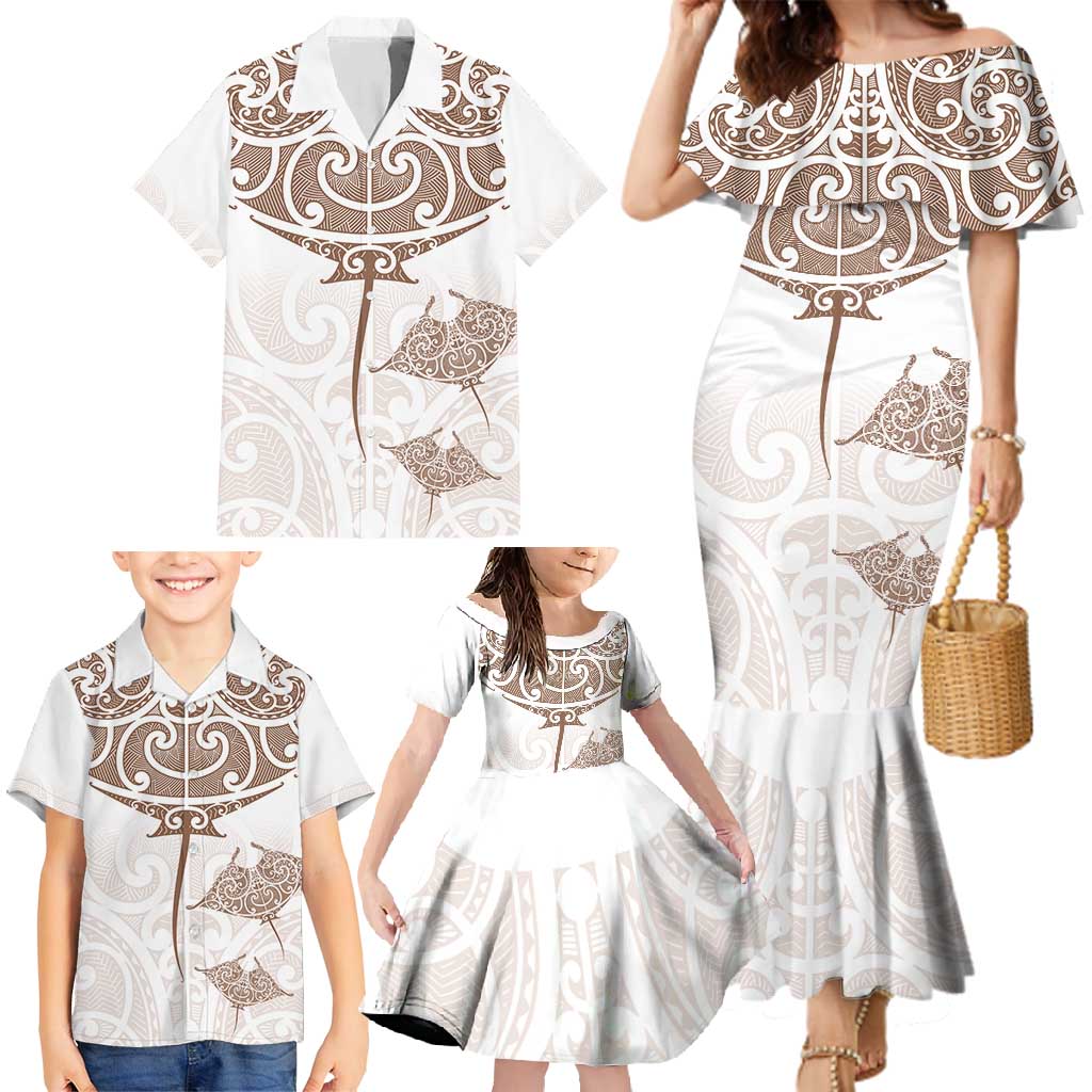 New Zealand Manta Ray Tattoo Family Matching Mermaid Dress and Hawaiian Shirt Aotearoa Maori Haehae Beige LT14 - Polynesian Pride