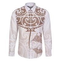 New Zealand Manta Ray Tattoo Family Matching Mermaid Dress and Hawaiian Shirt Aotearoa Maori Haehae Beige LT14 Dad's Shirt - Long Sleeve White - Polynesian Pride