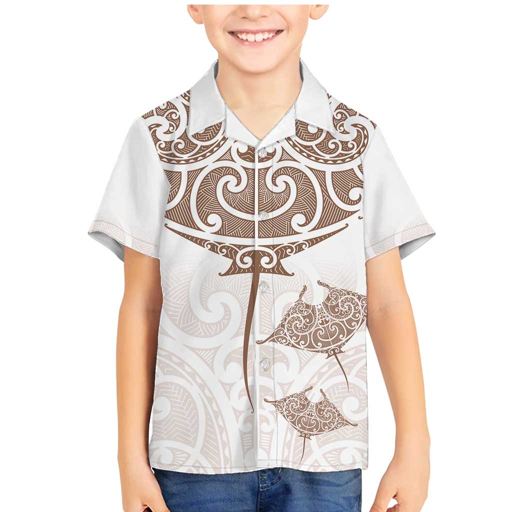 New Zealand Manta Ray Tattoo Family Matching Mermaid Dress and Hawaiian Shirt Aotearoa Maori Haehae Beige LT14 Son's Shirt White - Polynesian Pride