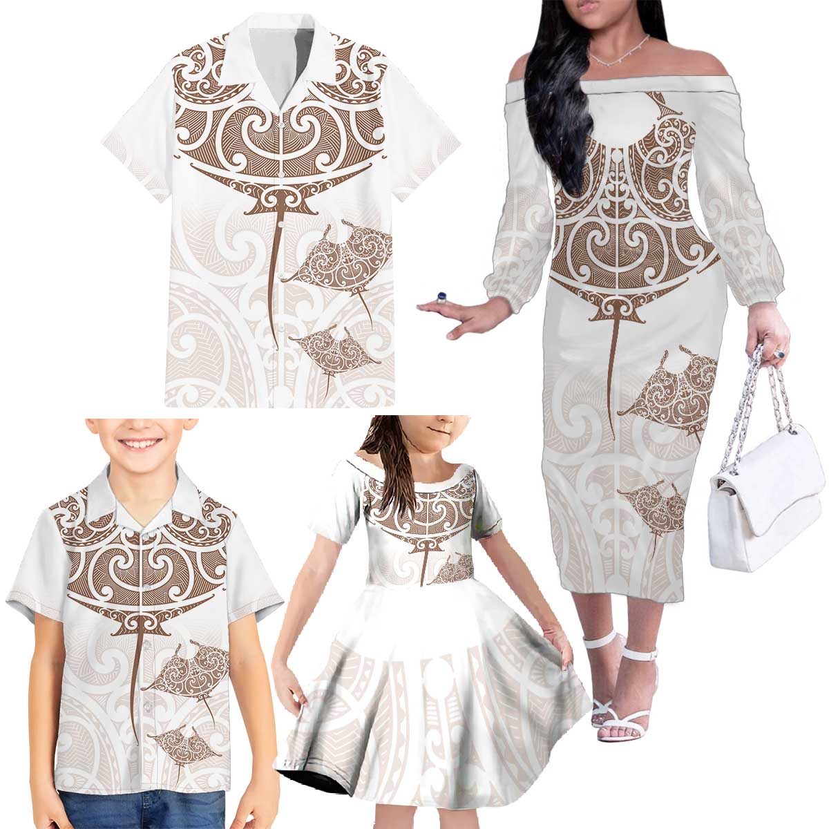 New Zealand Manta Ray Tattoo Family Matching Off The Shoulder Long Sleeve Dress and Hawaiian Shirt Aotearoa Maori Haehae Beige LT14 - Polynesian Pride