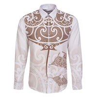 New Zealand Manta Ray Tattoo Family Matching Off The Shoulder Long Sleeve Dress and Hawaiian Shirt Aotearoa Maori Haehae Beige LT14 Dad's Shirt - Long Sleeve White - Polynesian Pride