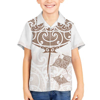 New Zealand Manta Ray Tattoo Family Matching Off The Shoulder Long Sleeve Dress and Hawaiian Shirt Aotearoa Maori Haehae Beige LT14 Son's Shirt White - Polynesian Pride
