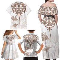 New Zealand Manta Ray Tattoo Family Matching Off Shoulder Maxi Dress and Hawaiian Shirt Aotearoa Maori Haehae Beige LT14 - Polynesian Pride