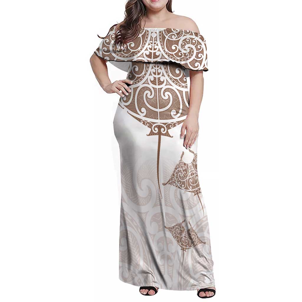 New Zealand Manta Ray Tattoo Family Matching Off Shoulder Maxi Dress and Hawaiian Shirt Aotearoa Maori Haehae Beige LT14 Mom's Dress White - Polynesian Pride