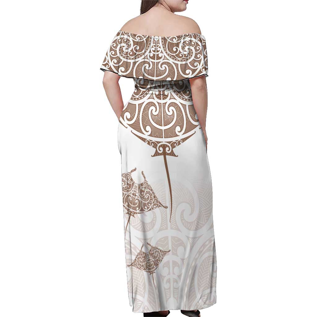 New Zealand Manta Ray Tattoo Family Matching Off Shoulder Maxi Dress and Hawaiian Shirt Aotearoa Maori Haehae Beige LT14 - Polynesian Pride