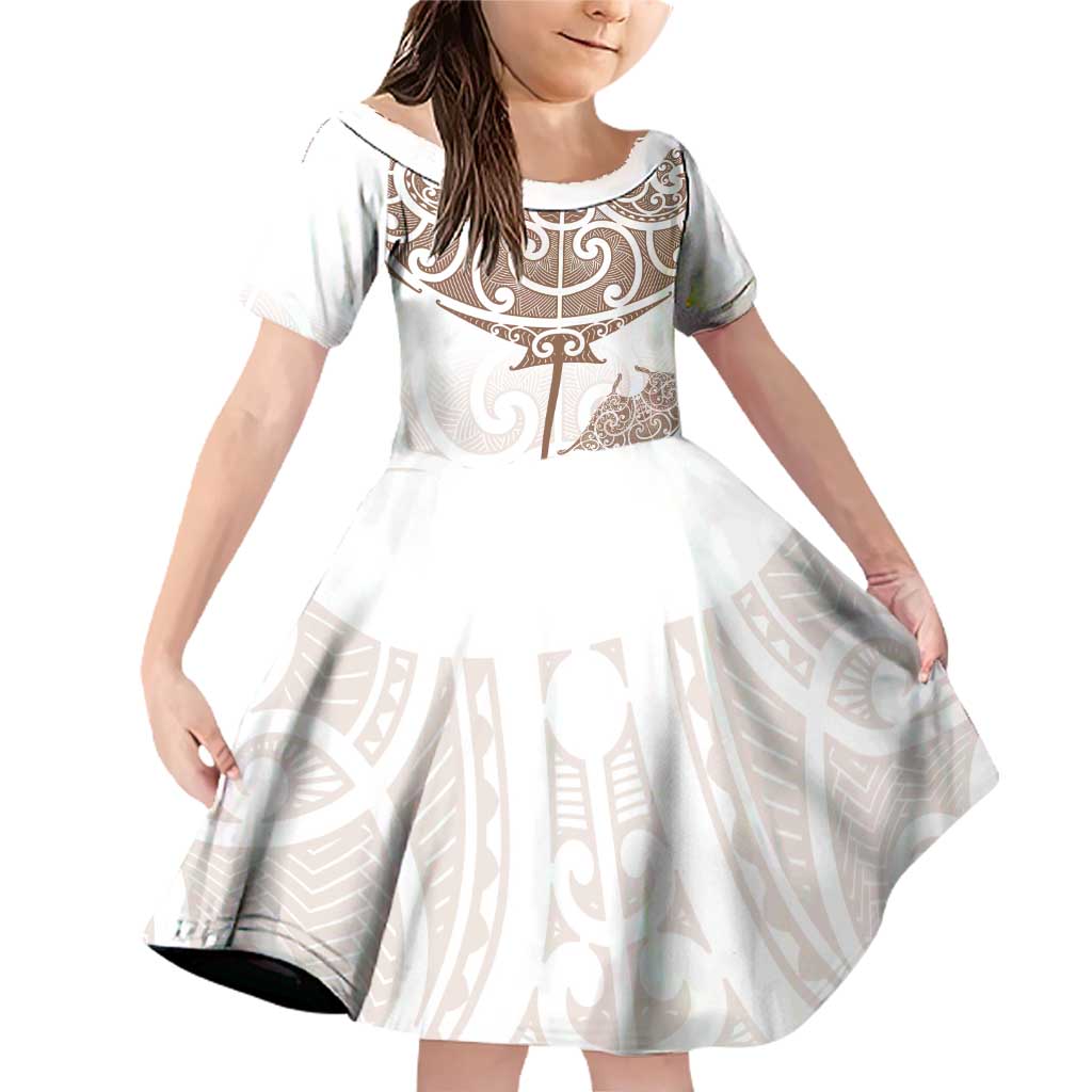 New Zealand Manta Ray Tattoo Family Matching Off Shoulder Short Dress and Hawaiian Shirt Aotearoa Maori Haehae Beige LT14 Daughter's Dress White - Polynesian Pride