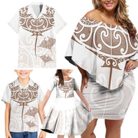 New Zealand Manta Ray Tattoo Family Matching Off Shoulder Short Dress and Hawaiian Shirt Aotearoa Maori Haehae Beige LT14 - Polynesian Pride