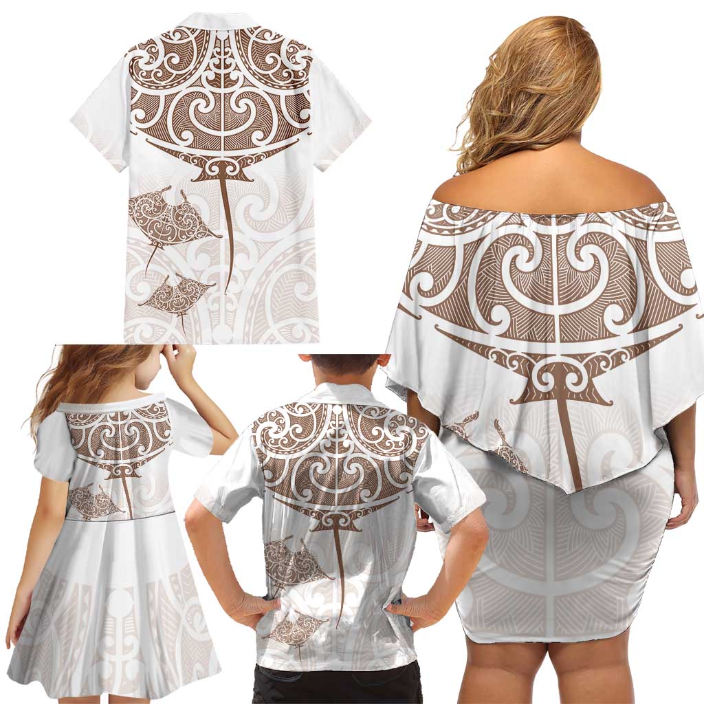 New Zealand Manta Ray Tattoo Family Matching Off Shoulder Short Dress and Hawaiian Shirt Aotearoa Maori Haehae Beige LT14 - Polynesian Pride