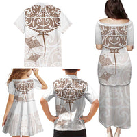 New Zealand Manta Ray Tattoo Family Matching Puletasi and Hawaiian Shirt Aotearoa Maori Haehae Beige - Polynesian Pride