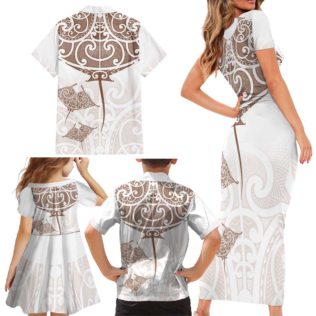 New Zealand Manta Ray Tattoo Family Matching Short Sleeve Bodycon Dress and Hawaiian Shirt Aotearoa Maori Haehae Beige LT14 - Polynesian Pride