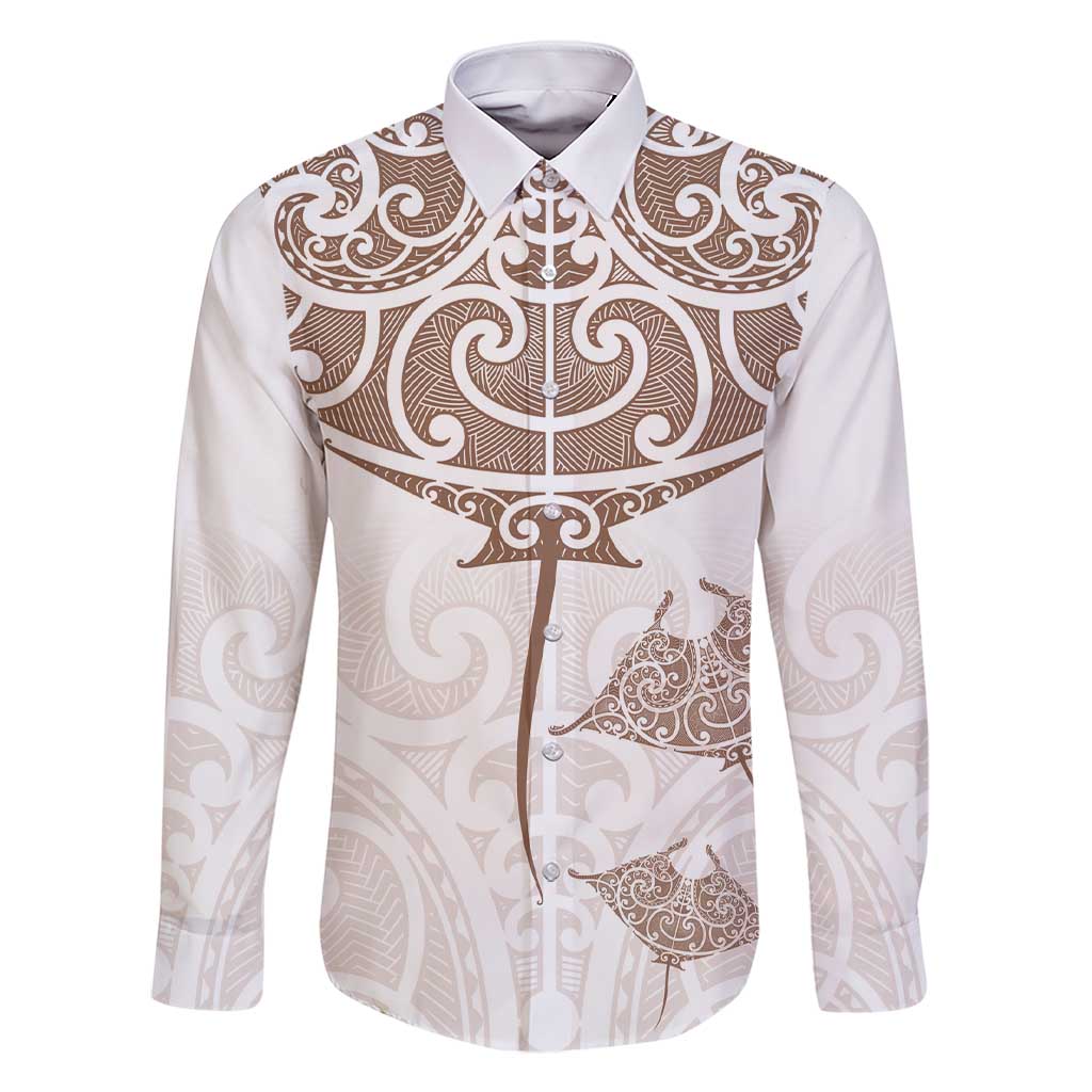New Zealand Manta Ray Tattoo Family Matching Short Sleeve Bodycon Dress and Hawaiian Shirt Aotearoa Maori Haehae Beige LT14 Dad's Shirt - Long Sleeve White - Polynesian Pride