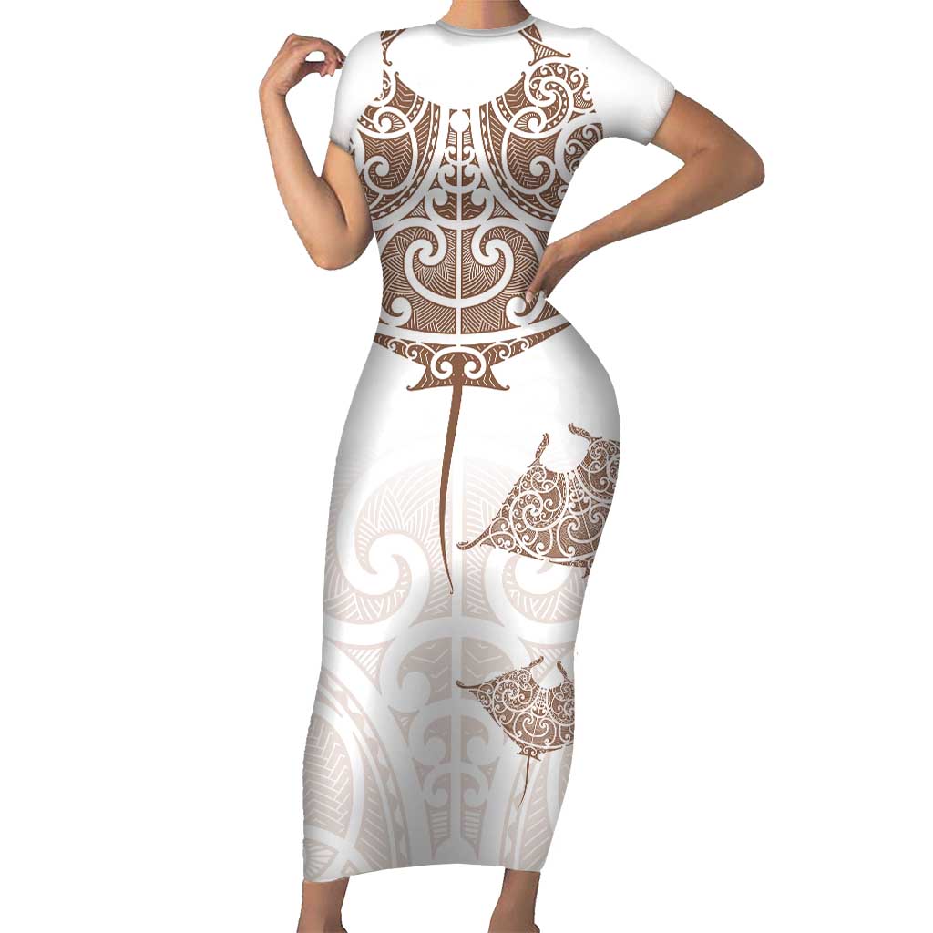 New Zealand Manta Ray Tattoo Family Matching Short Sleeve Bodycon Dress and Hawaiian Shirt Aotearoa Maori Haehae Beige LT14 Mom's Dress White - Polynesian Pride