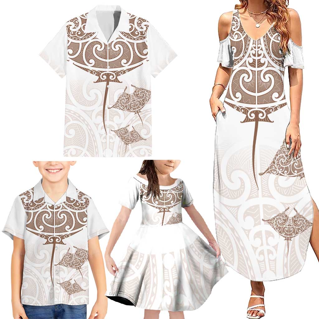 New Zealand Manta Ray Tattoo Family Matching Summer Maxi Dress and Hawaiian Shirt Aotearoa Maori Haehae Beige LT14 - Polynesian Pride