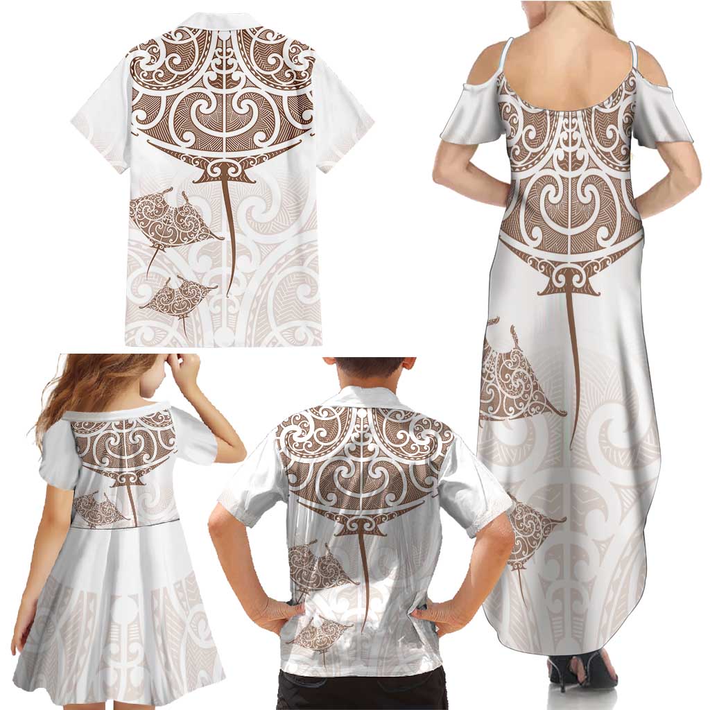 New Zealand Manta Ray Tattoo Family Matching Summer Maxi Dress and Hawaiian Shirt Aotearoa Maori Haehae Beige LT14 - Polynesian Pride