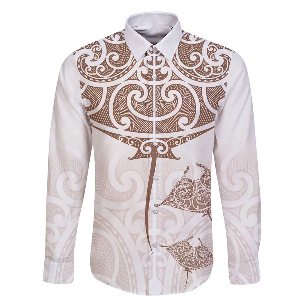 New Zealand Manta Ray Tattoo Family Matching Summer Maxi Dress and Hawaiian Shirt Aotearoa Maori Haehae Beige LT14 Dad's Shirt - Long Sleeve White - Polynesian Pride