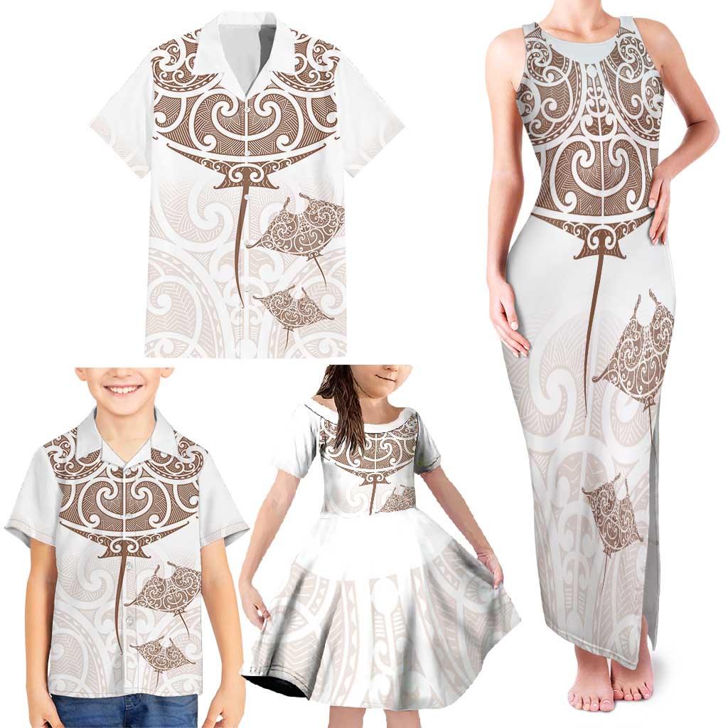 New Zealand Manta Ray Tattoo Family Matching Tank Maxi Dress and Hawaiian Shirt Aotearoa Maori Haehae Beige LT14 - Polynesian Pride