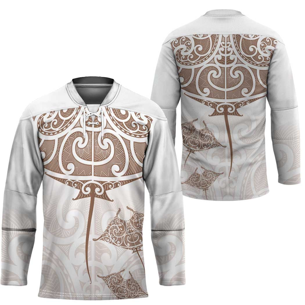 New Zealand Manta Ray Tattoo Hockey Jersey Aotearoa Maori Haehae Beige - Polynesian Pride