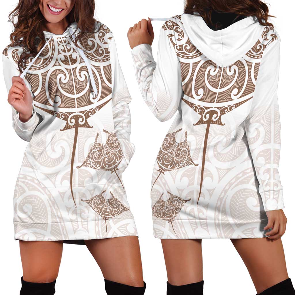 New Zealand Manta Ray Tattoo Hoodie Dress Aotearoa Maori Haehae Beige LT14 - Polynesian Pride