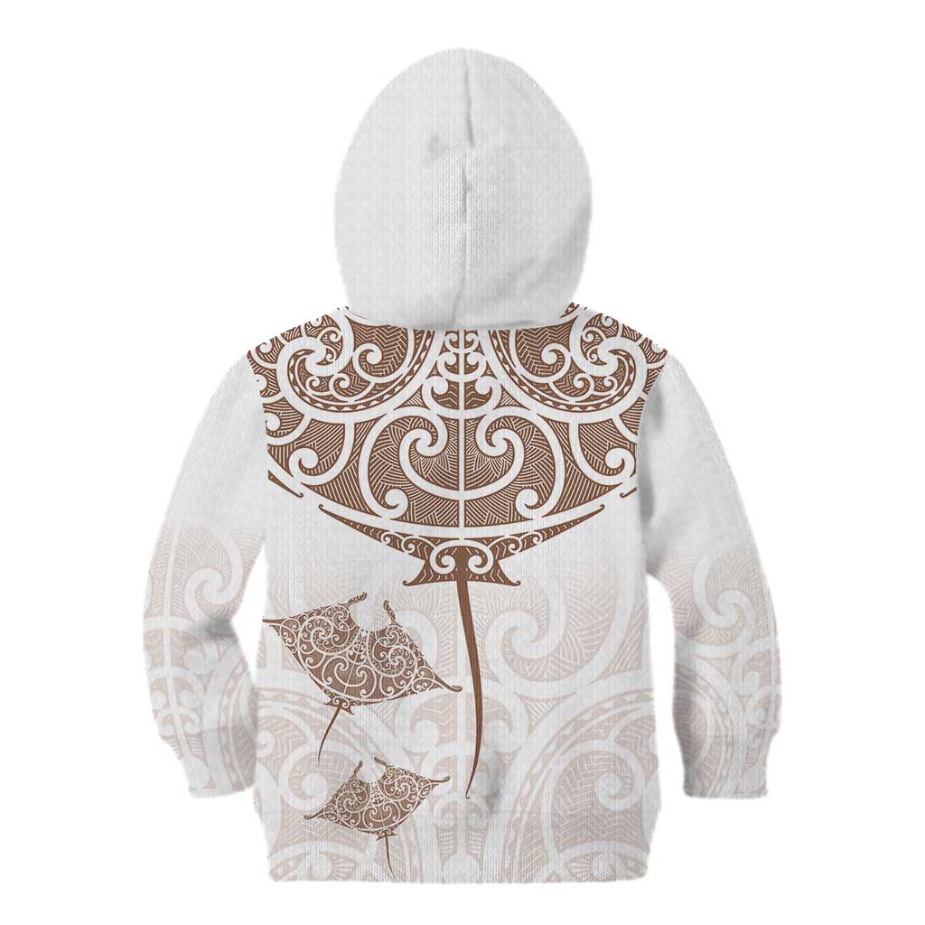 New Zealand Manta Ray Tattoo Kid Hoodie Aotearoa Maori Haehae Beige - Polynesian Pride