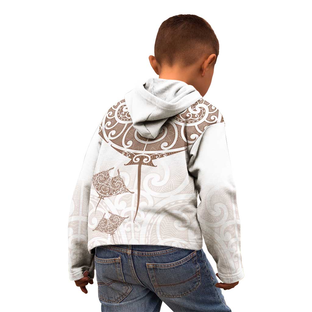 New Zealand Manta Ray Tattoo Kid Hoodie Aotearoa Maori Haehae Beige - Polynesian Pride
