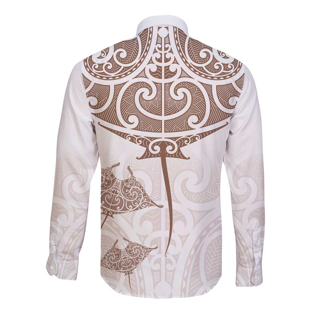 New Zealand Manta Ray Tattoo Long Sleeve Button Shirt Aotearoa Maori Haehae Beige - Polynesian Pride